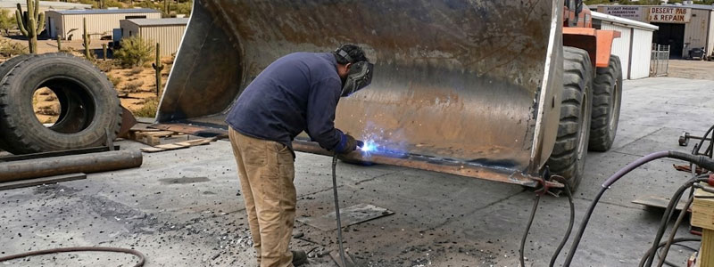 A worker wearing protective gear welds the edge of a large metal loader bucket outdoors, with tools and equipment nearby.