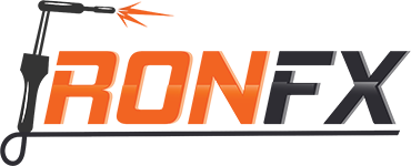 Logo with the text "IRONFX" in orange and black, featuring a graphic of a soldering iron with sparks above the letter "I.