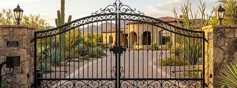 Wrought iron gates with "Private Residence" sign open to a large, southwestern-style house surrounded by desert landscaping and cacti.