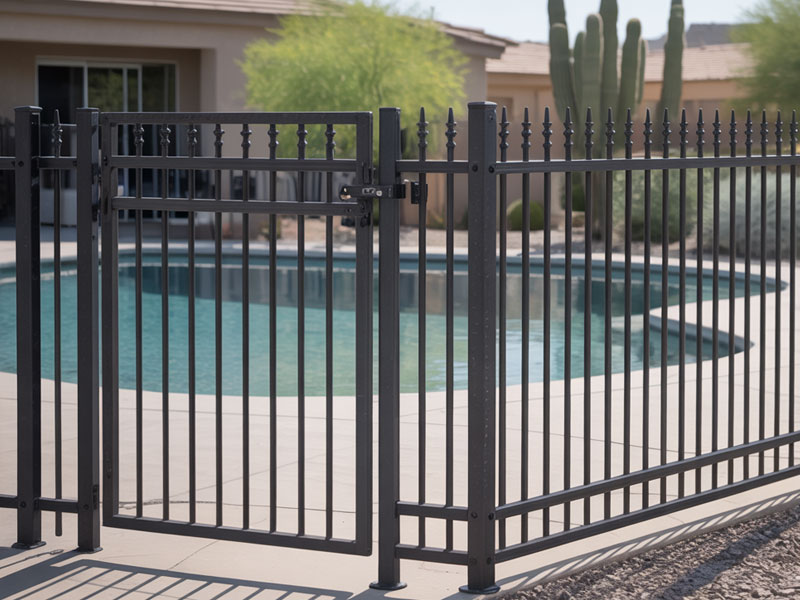 Black metal fence with a locked gate surrounds a backyard swimming pool; desert plants and a house are visible in the background.