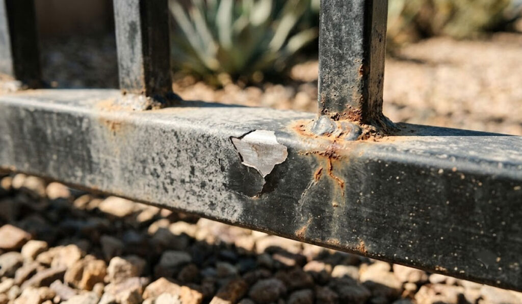 Close-up of a black metal fence with chipped paint and visible rust spots, set over gravel with blurred plants in the background.