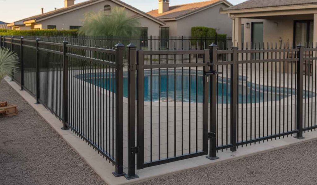 A black metal fence surrounds an in-ground backyard swimming pool, with single-family houses and landscaping visible in the background.