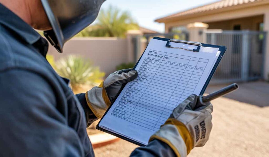 Person in protective gear holds a clipboard with an outdoor maintenance inspection checklist in front of a residential property.