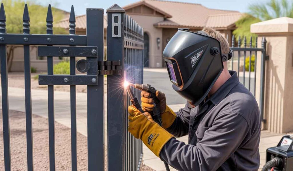 Person wearing protective gear welding a metal fence outdoors near a residential building.