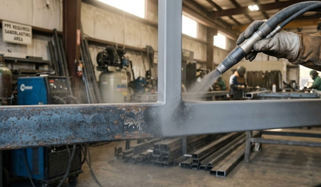 A worker uses a sandblasting tool to clean a metal frame inside an industrial workshop.