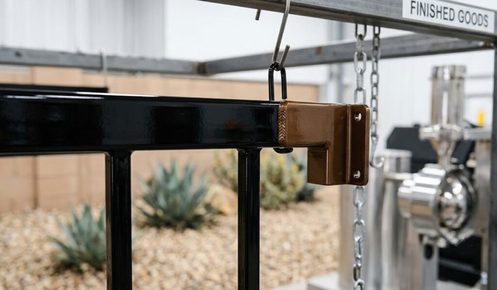 A close-up of a metal gate section with a brown hinge bracket hanging from a hook inside an industrial facility. Succulent plants and pebbles are visible in the background.