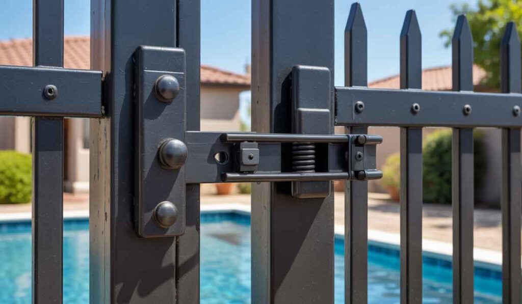Close-up of a black metal gate with a secure latch, in front of a backyard swimming pool on a sunny day.