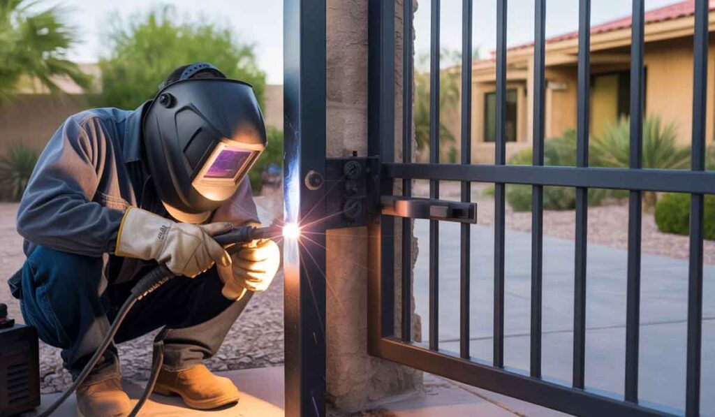 Person wearing protective gear welding a metal gate outdoors near a house.