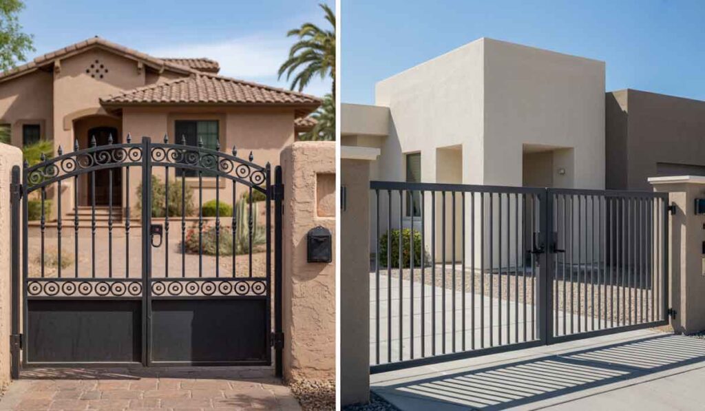 Side-by-side view of two houses with different gates: an ornate black metal gate on the left and a modern, simple black gate on the right.