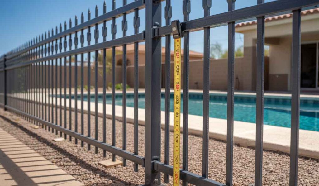 A tape measure is attached vertically to a black metal fence, with a swimming pool and house visible in the background.