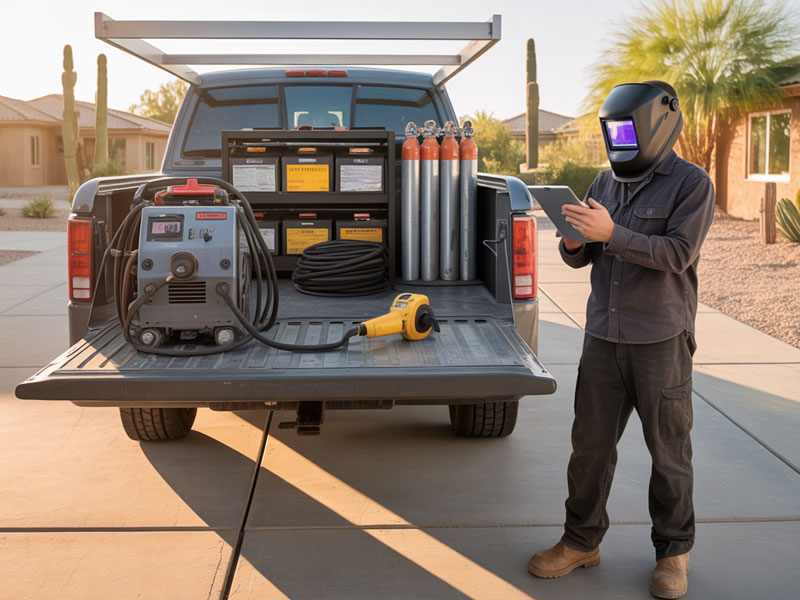 Person in welding gear using a tablet stands by a pickup truck loaded with gas cylinders, welding equipment, and tools in a suburban driveway.
