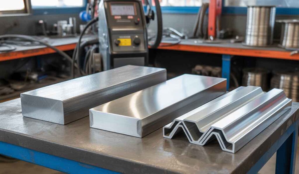 Three types of machined metal bars and profiles are displayed on a work table in a workshop, with industrial equipment in the background.