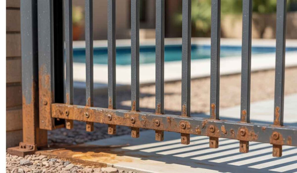 Close-up of a metal gate with visible rust along the bottom edge, set on a gravel surface with a swimming pool in the background.