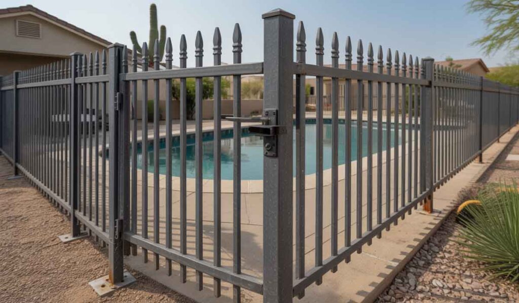 Metal fence with a locked gate surrounds an in-ground swimming pool in a residential backyard.