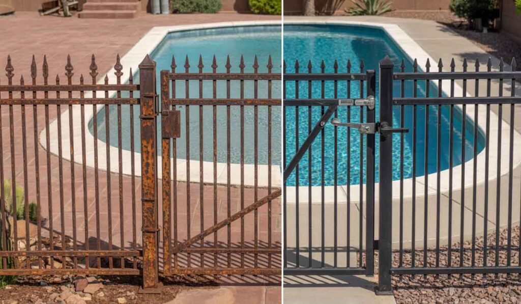 A split image shows a metal pool fence and gate; the left side is rusted and old, while the right side is clean, painted, and in good condition.