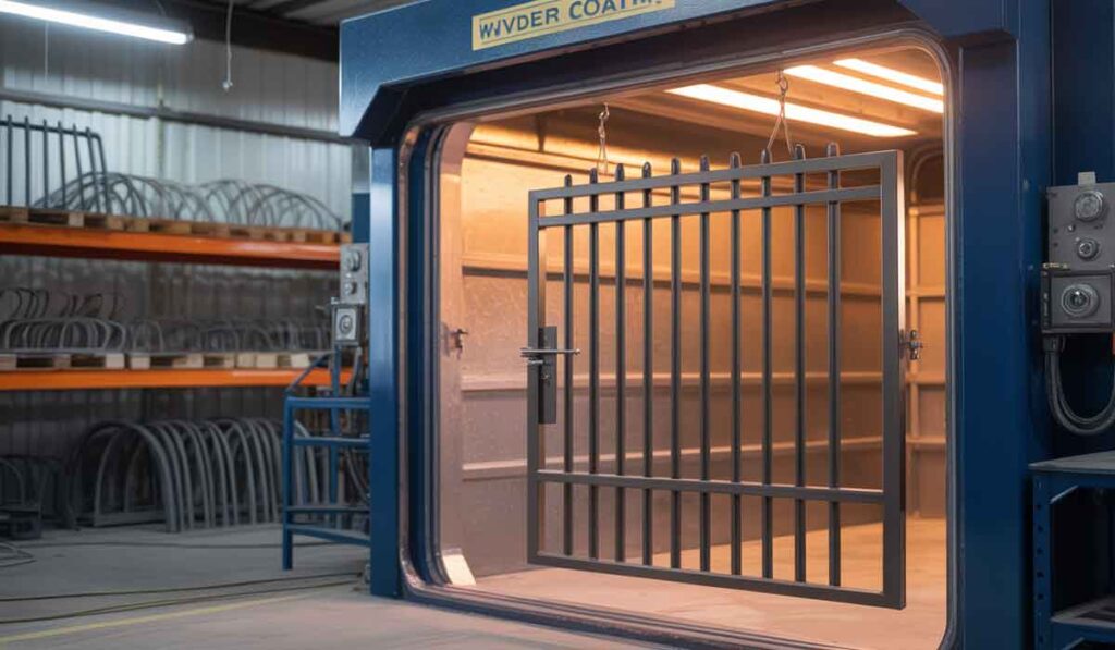 A metal gate hangs inside a powder coating booth in an industrial workshop, with shelves of metal parts visible in the background.