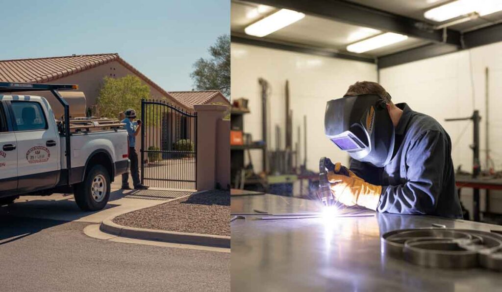 A person opens a gate near a utility truck outside, while another person welds metal indoors wearing protective gear.
