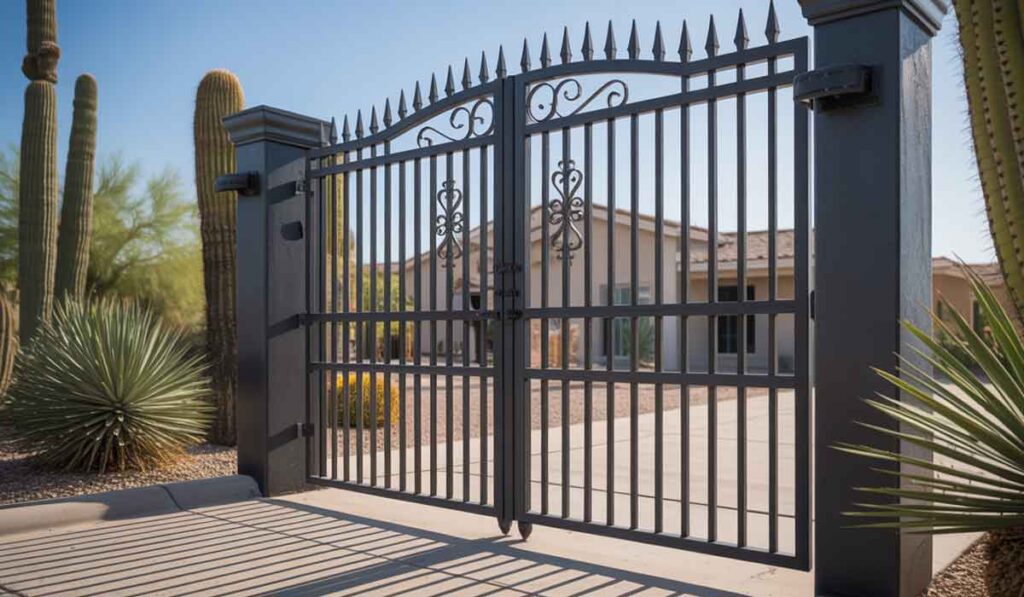 Iron gate with decorative details stands closed in front of a house, surrounded by desert plants and cacti under a clear blue sky.