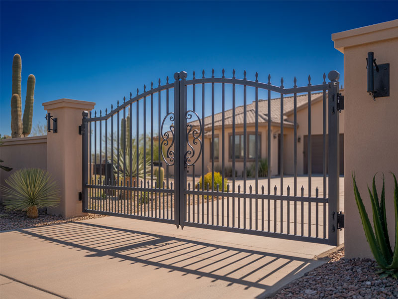 A black wrought iron gate with decorative elements stands in front of a desert-style house with cacti and desert plants in the yard.