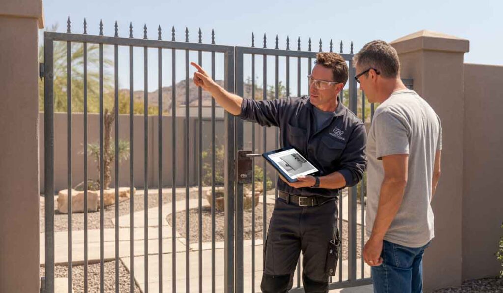 A technician holding a tablet discusses a metal gate with a man, pointing towards the entrance on a sunny day.