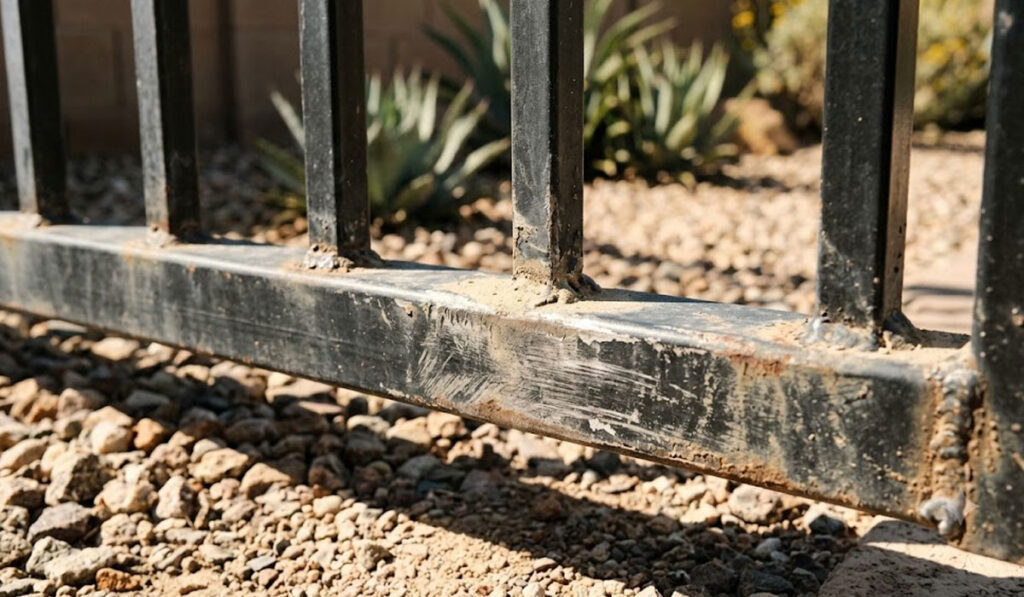 Close-up of a metal fence with visible scratches and rust at the bottom, set on rocky ground with desert plants in the background.