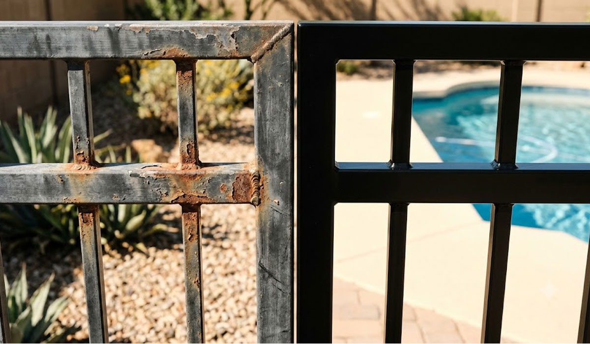 A comparison of two metal fences: the left side is rusted and worn, while the right side appears newly painted and in good condition, with a pool visible in the background.