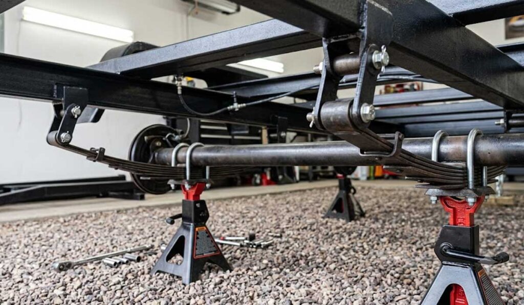 Close-up of a trailer axle and leaf spring suspension supported by jack stands on a gravel floor, with tools nearby.