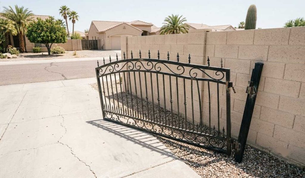 A black metal gate is detached and leaning against a beige brick wall next to a residential street in a suburban neighborhood.