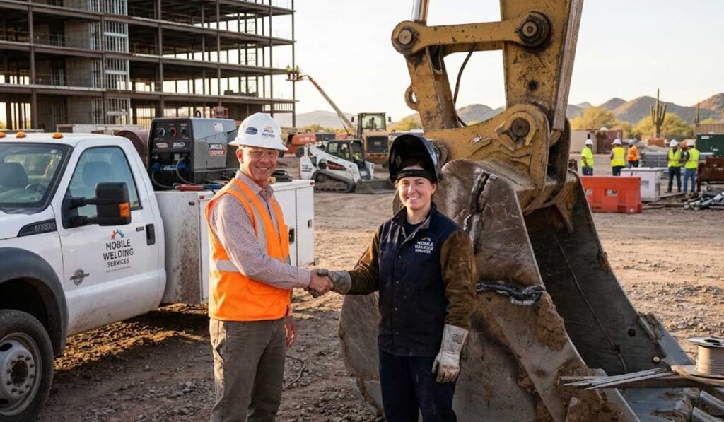 Two construction workers shake hands in front of a large excavator bucket at a building site, with equipment, vehicles, and a partially built structure in the background.