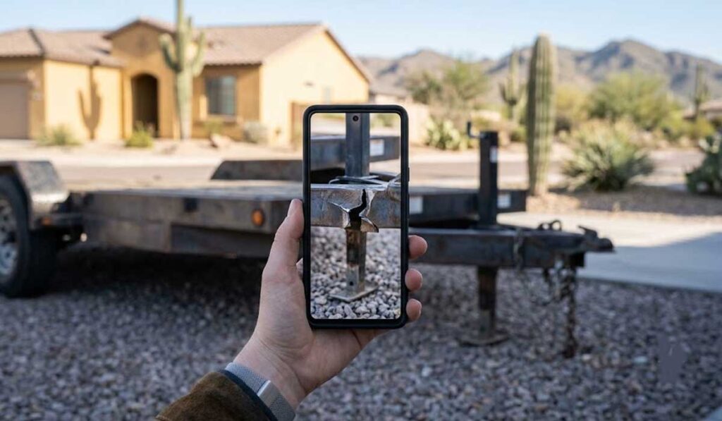 A hand holds a smartphone showing a close-up view of a crack in a metal trailer frame, with the trailer and desert landscape in the background.