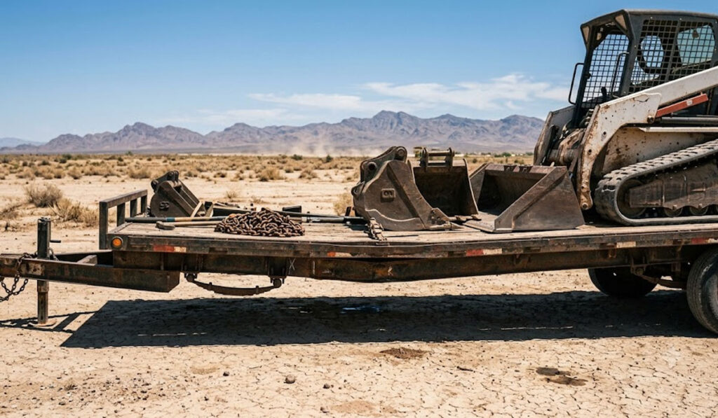 A construction trailer loaded with metal equipment and chains is parked on dry, cracked ground in a desert landscape with mountains in the background.