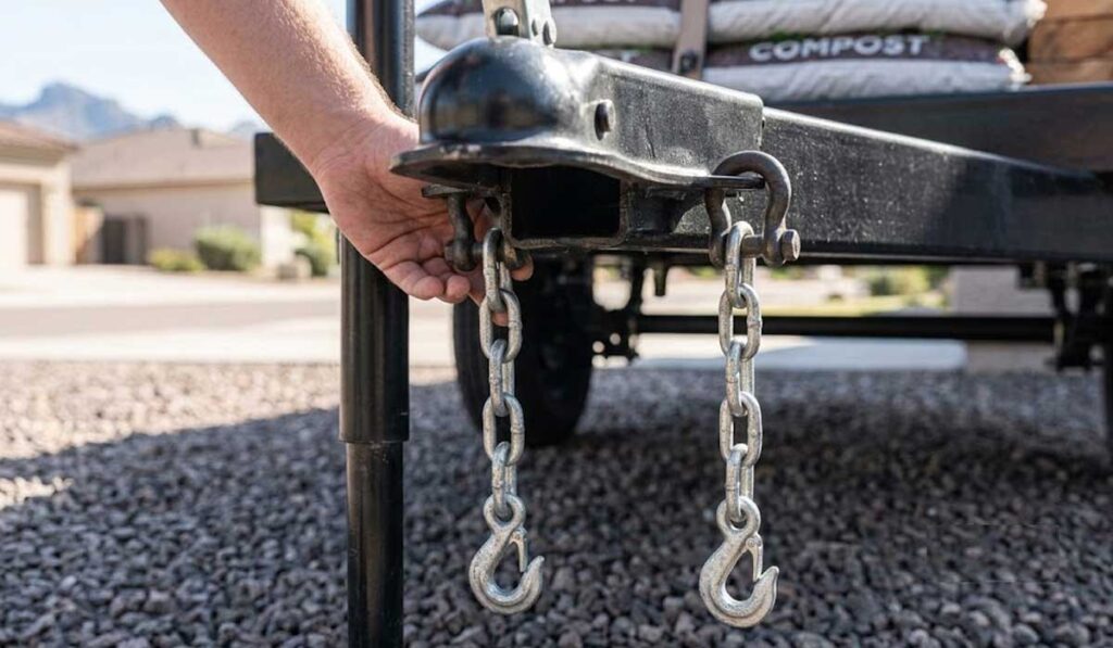 A person secures a trailer hitch with safety chains attached, with bags of compost visible on the trailer bed.