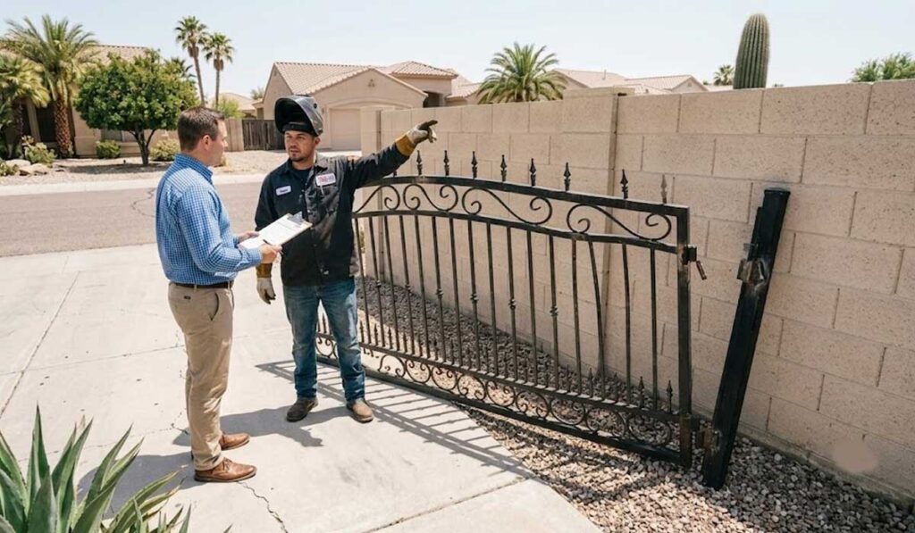 A repair worker in uniform points at a damaged metal gate leaning against a wall while discussing with a man holding papers.