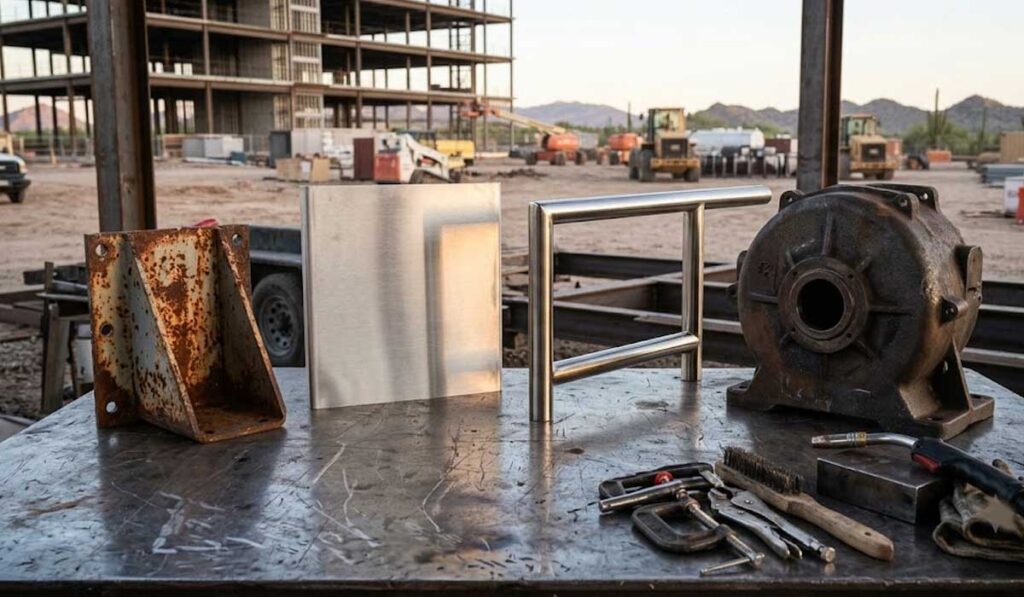 A metal table displays a rusted metal bracket, a shiny metal plate, steel pipes, a large industrial pump housing, and various tools at a construction site.