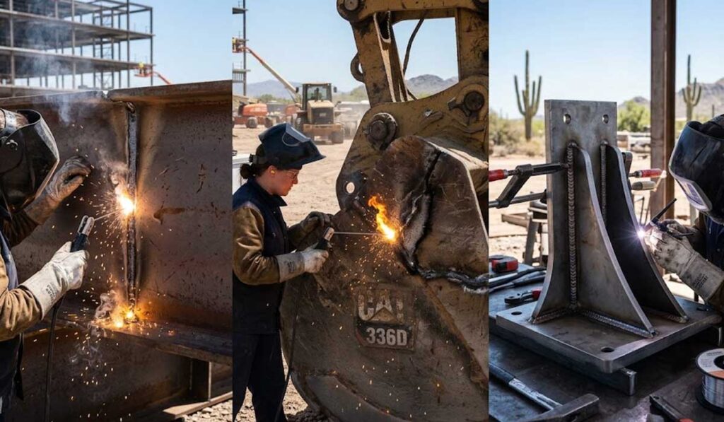 Three images show workers welding metal structures outdoors, including a large piece of construction equipment and metal beams, with sparks visible.