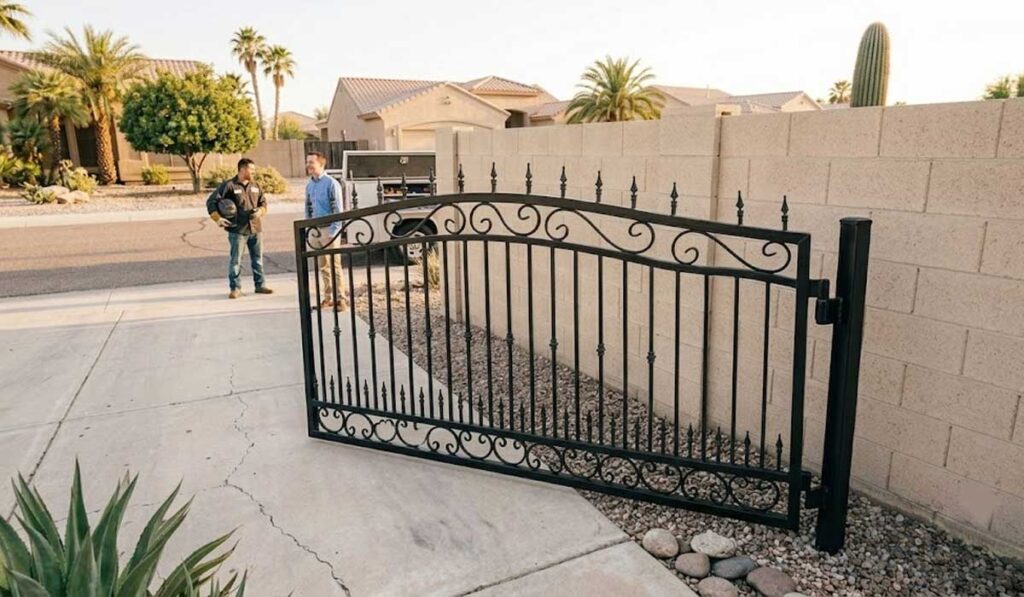 Two men stand near a black metal automatic gate that is partially open on a residential driveway, with houses and desert landscaping in the background.