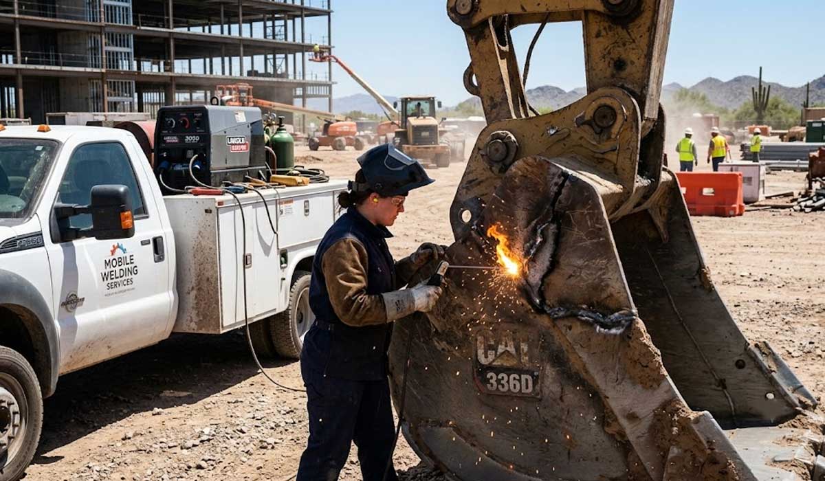 A worker welds a large excavator bucket at a construction site, with a welding service truck and building framework visible in the background.