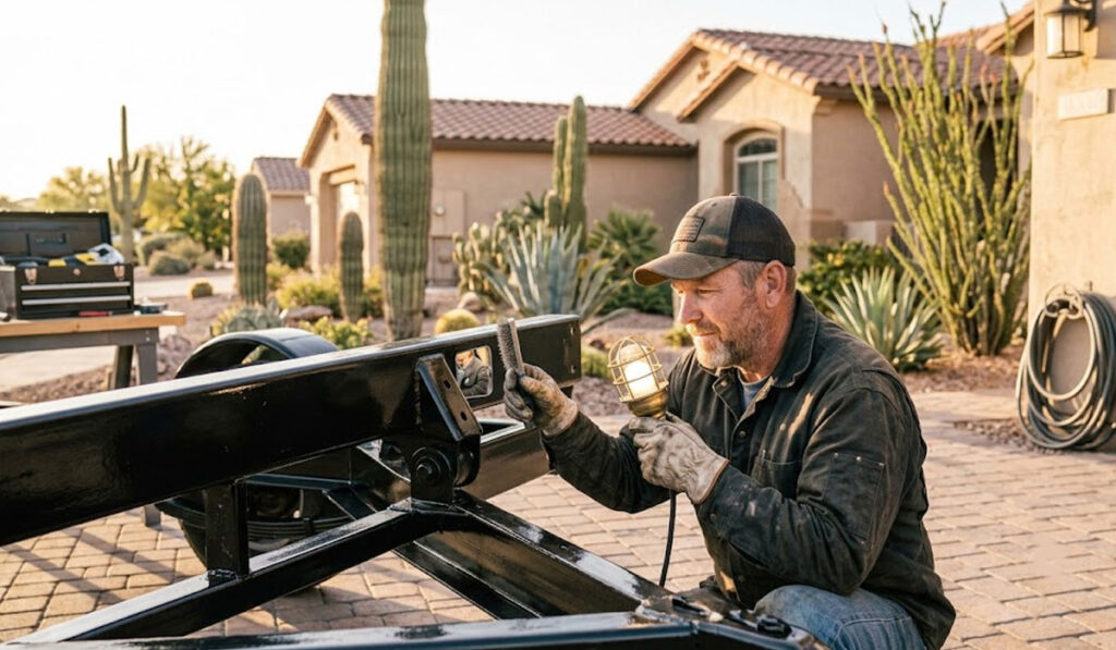 A man wearing work gloves and a cap inspects a metal frame with a work light in a residential driveway with desert landscaping in the background.