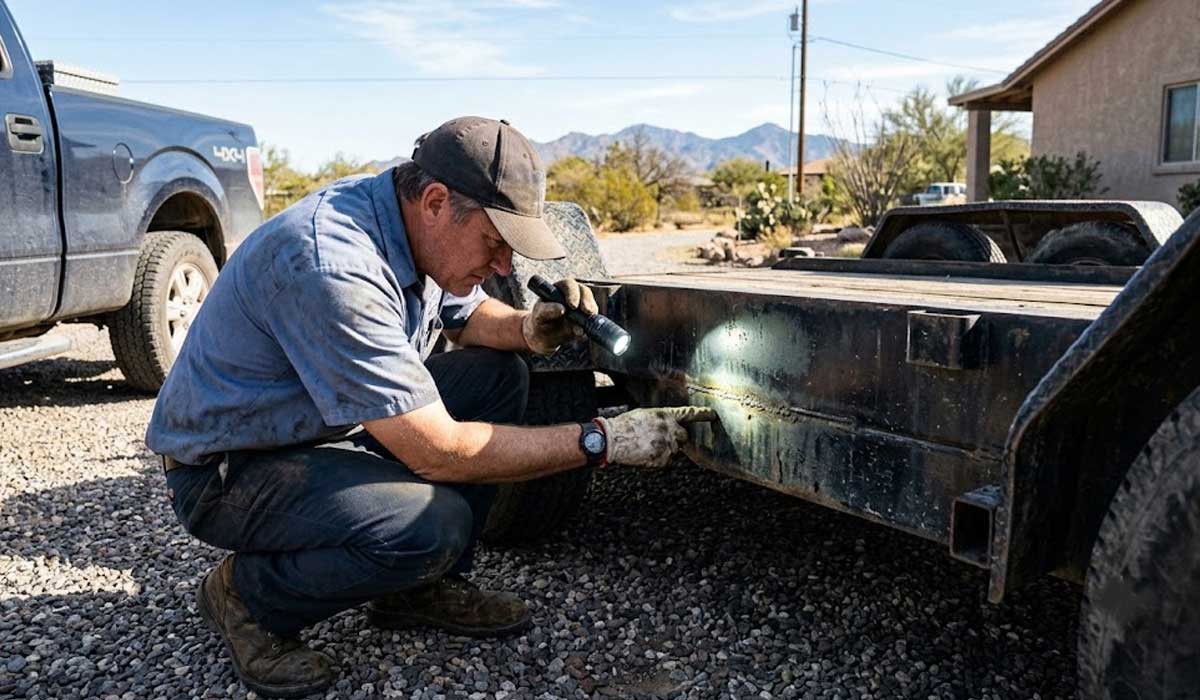 A man in work clothes crouches and inspects a metal trailer with a flashlight on a gravel driveway beside a pickup truck.