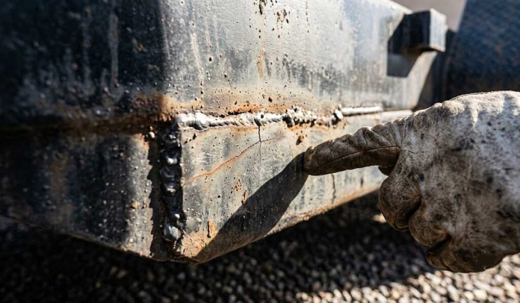 A gloved hand points to a visible crack and rust on a metal surface, possibly part of a vehicle or equipment, indicating damage or wear.