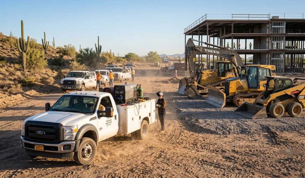 Construction site with workers, utility truck, bulldozer, and excavator on a dirt lot near a partially constructed building in a desert landscape.
