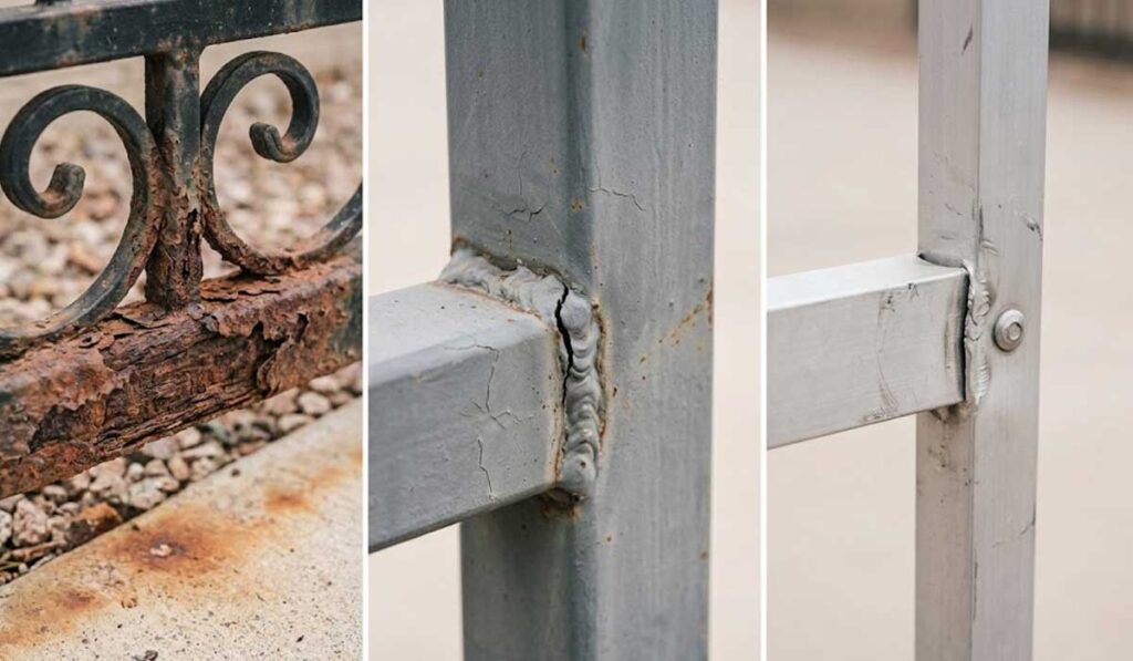 Three close-up photos show details of metal fences: the first with rust and corrosion, the second and third with clean, welded joints on a painted metal fence.