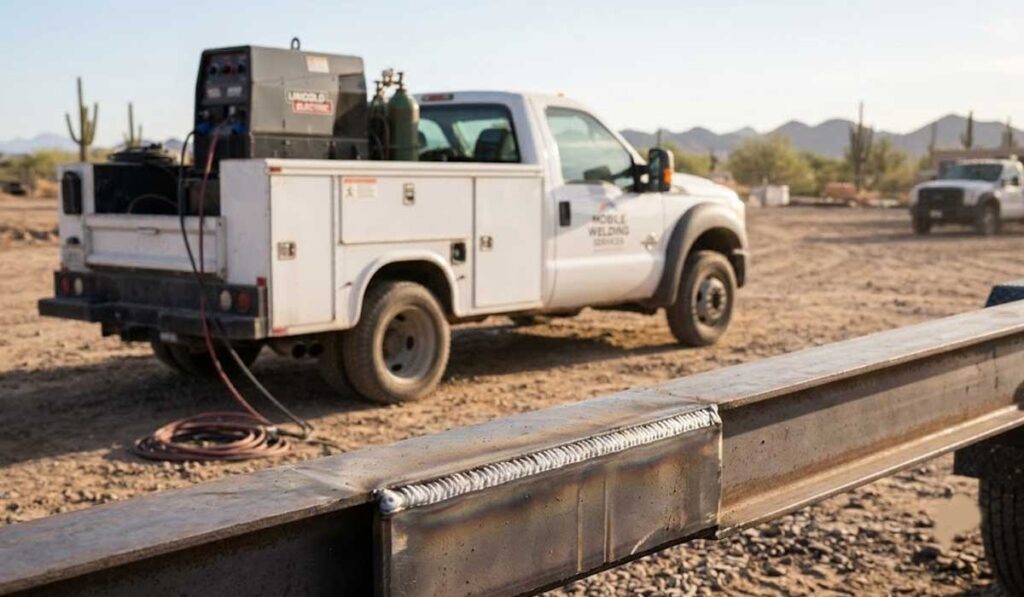A white utility truck with welding equipment is parked on a dirt lot; a metal beam with a welded seam is in the foreground. Desert landscape and cacti are in the background.