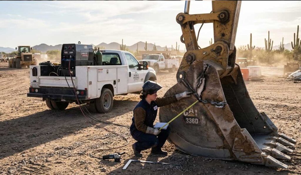 A worker measures the width of a large excavator bucket at a construction site, with a utility truck and desert landscape in the background.
