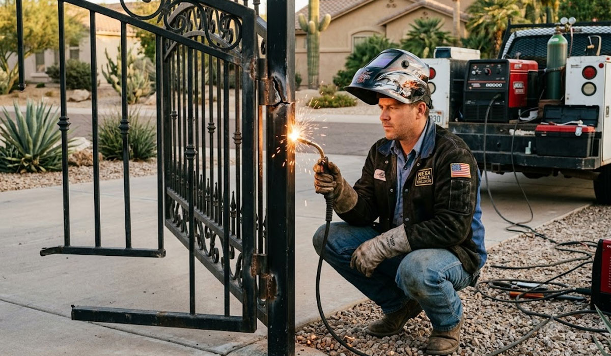 A man wearing safety gear welds a metal gate outdoors in a residential area, with welding equipment and a work truck in the background.