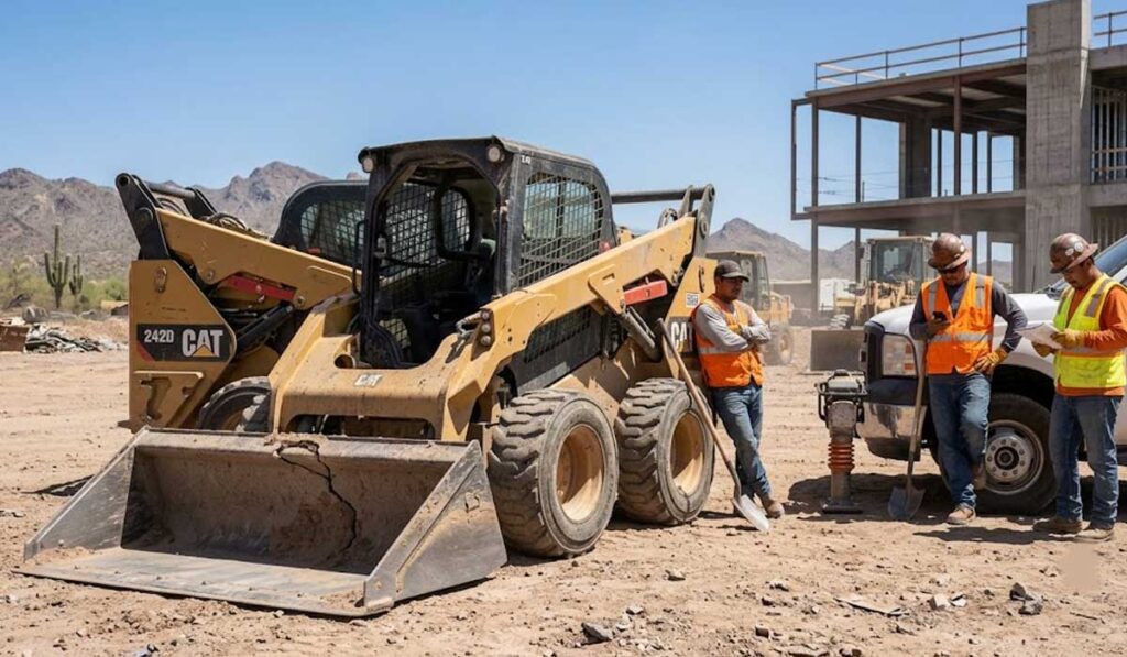 Two skid steer loaders parked at a construction site with three workers in orange safety vests standing nearby, and a partially built structure in the background.