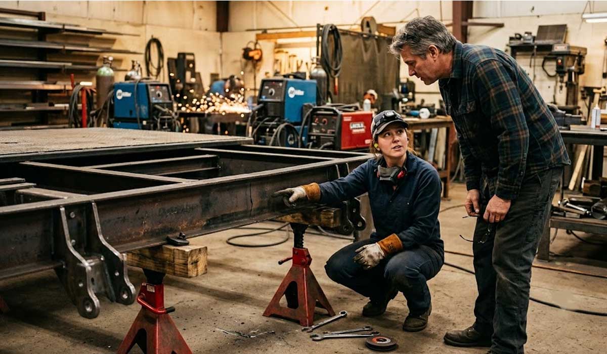 Two people in work clothes discuss a metal frame supported by jack stands in a workshop with tools, machines, and sparks in the background.