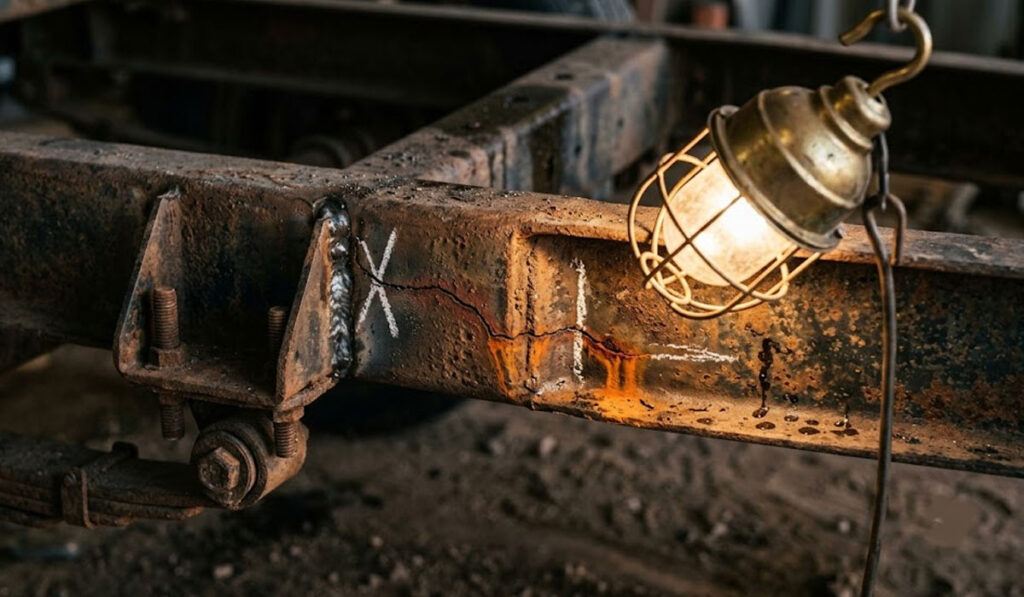 A close-up of a rusty metal beam with a visible crack marked by chalk lines, illuminated by a caged work light hanging nearby.