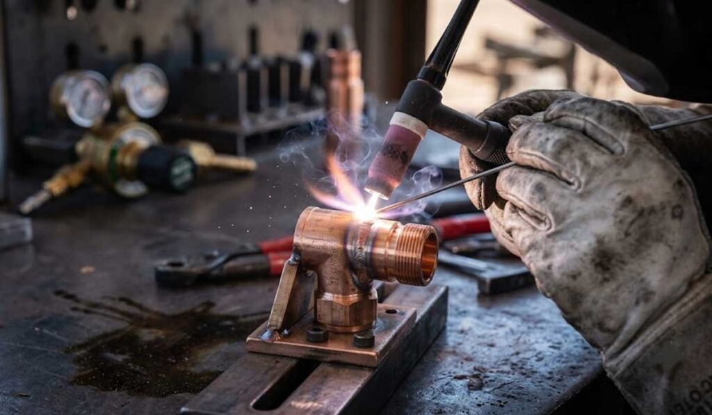 A person wearing gloves uses a welding torch to join copper pipes on a workbench, with sparks and smoke rising from the point of contact.