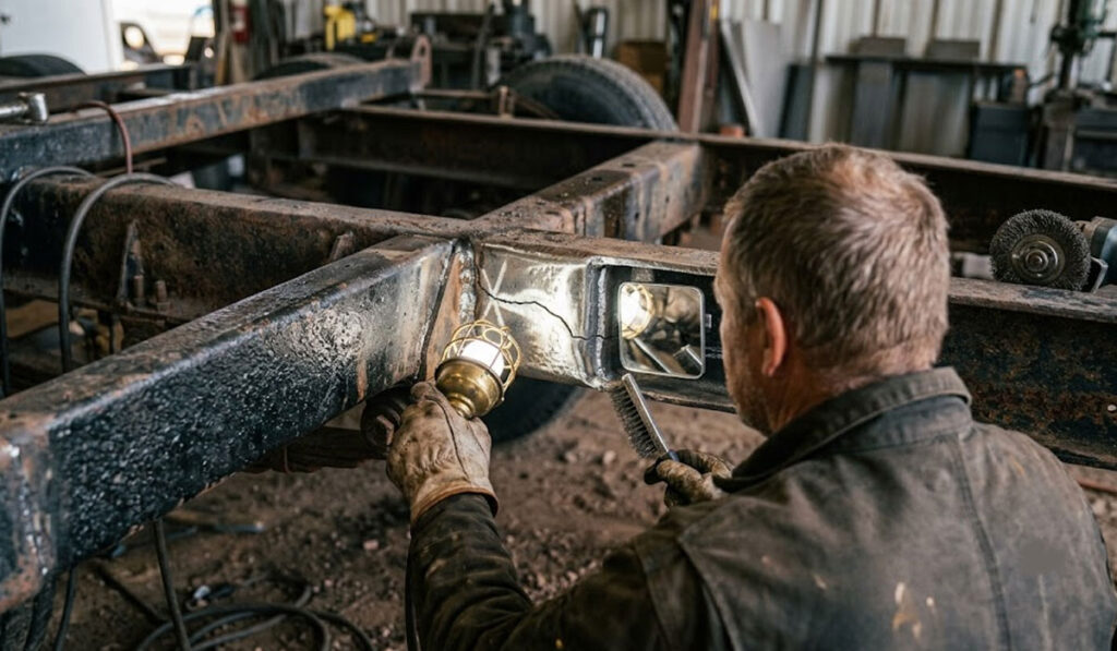 A person inspects a metal frame with a work light in a workshop, wearing gloves and a jacket.